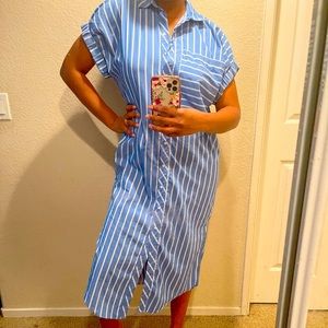 light blue, striped, maxi, button front shirt dress.